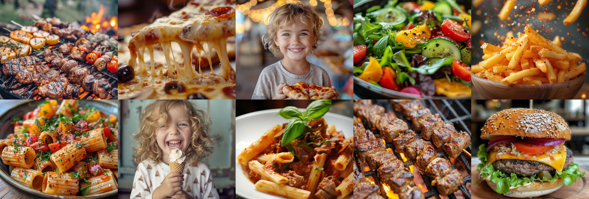 Images de plats et de personnes joyeuses pendant le repas